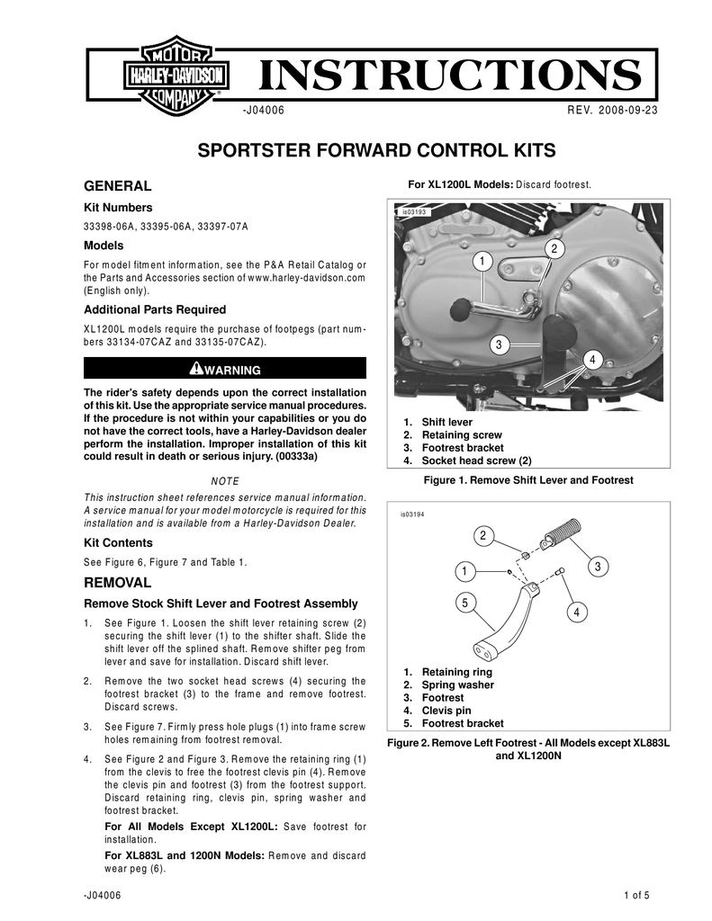 Sportster Forward Control Kit Instruction Sheet Harley Manualzz