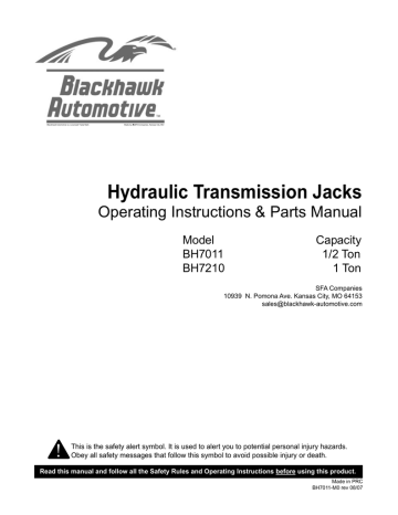 Blackhawk Automotive BH7210 1-Ton Floor-Style Manual Transmission Jack Owner's Manual | Manualzz