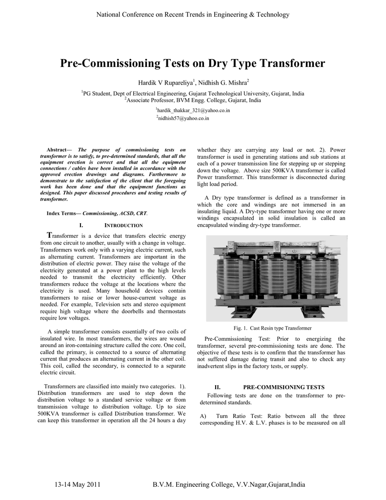 Pre Commissioning Tests On Dry Type Transformer Manualzz