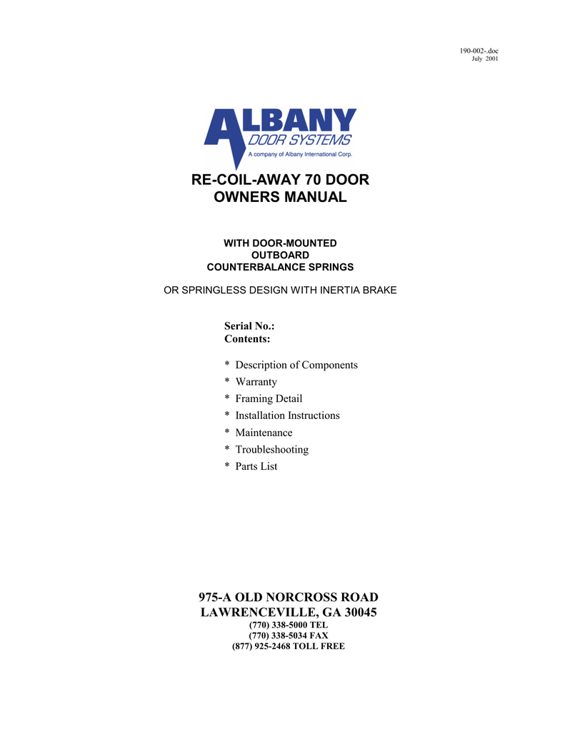 M I Re Coil Away 70 Albany Door Systems Manualzz