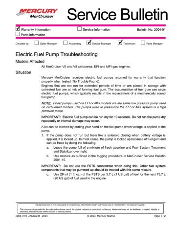 Mercury MerCruiser Electric Fuel Pump Troubleshooting Service Bulletin