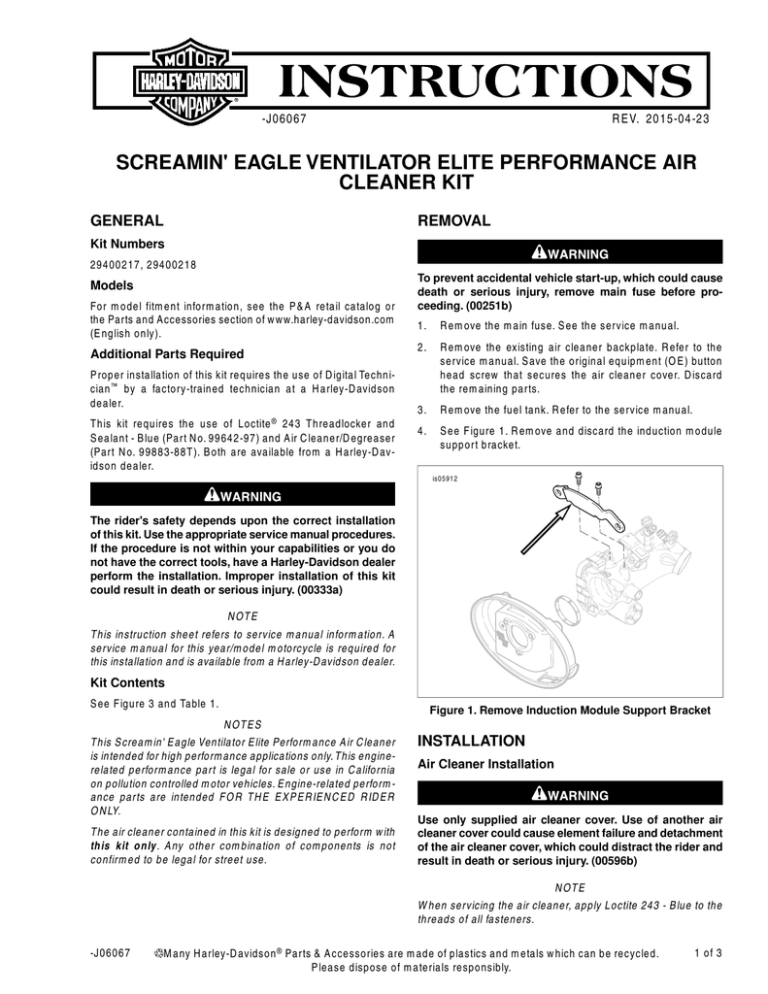 Screamin` Eagle Ventilator Elite Air Cleaner Kit - Harley | Manualzz