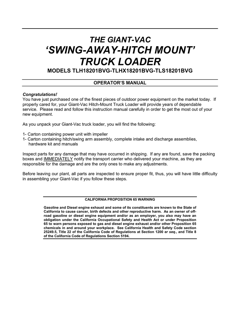 Swing Away Hitch Mount Truck Scag Giant Vac Manualzz Com