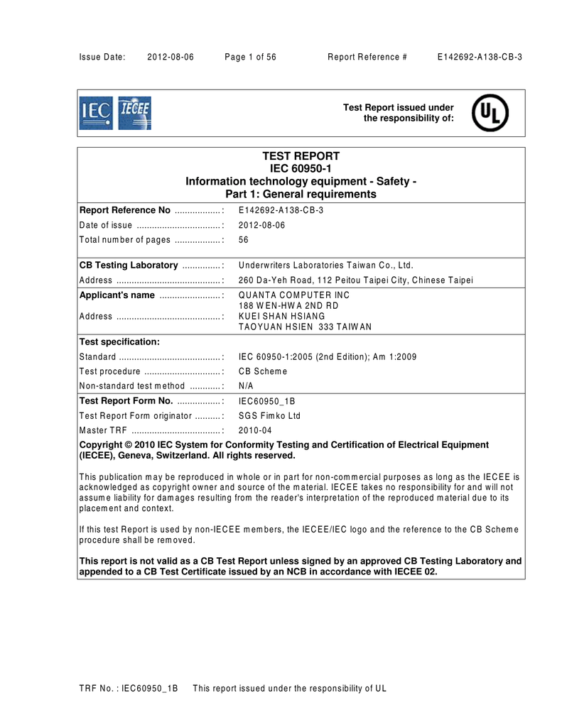 Test report. CB Report (IEC 60950-1:2001). Test Report IEC. CB Test Certificate. Chinese Laboratories Test Report.