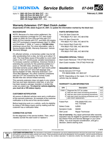 Warranty Extension CVT Start Clutch Judder Manualzz