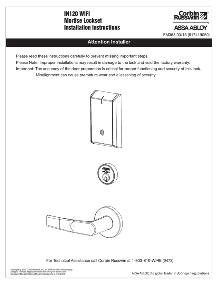 Corbin Russwin IN120 Mortise Lock Installation Instructions Manualzz