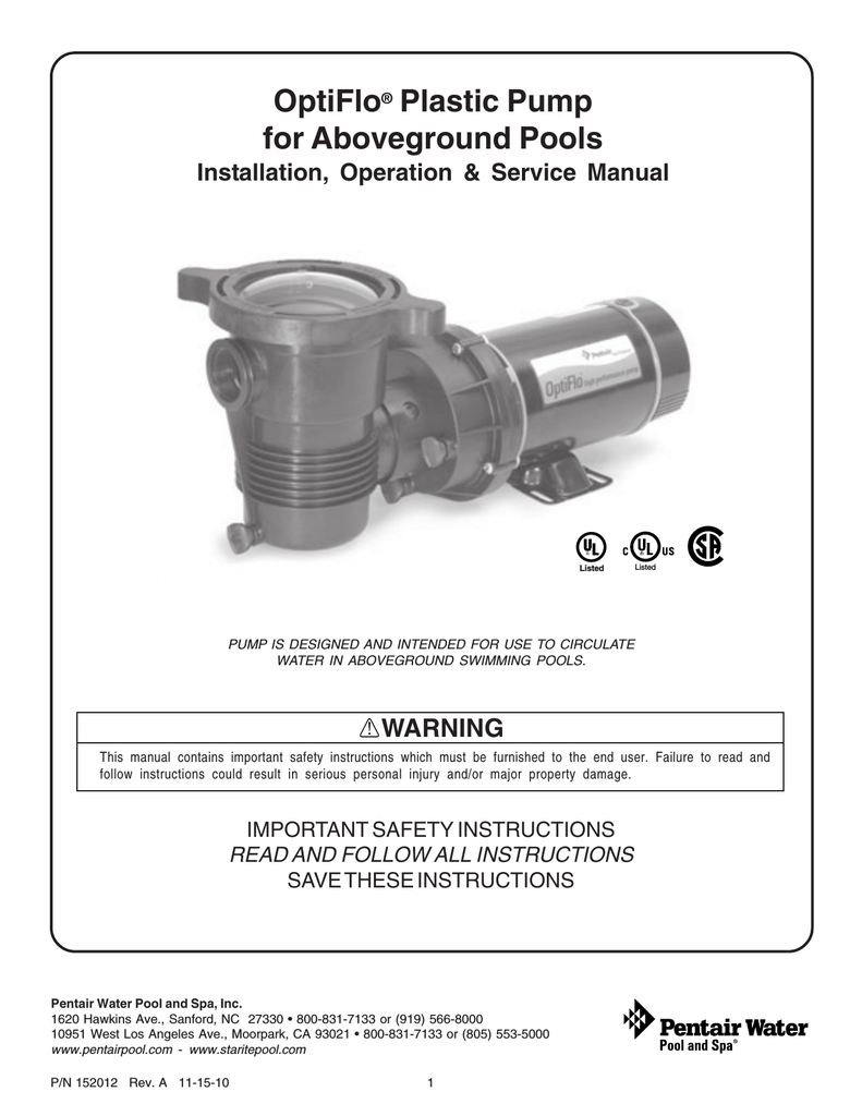 PentAir OptiFlo Manualzz