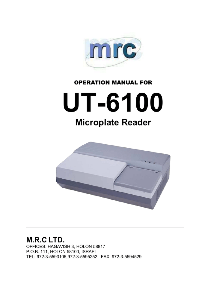 MRC UT6100 Auto Microplate reader, 8reading channel Reader Manual