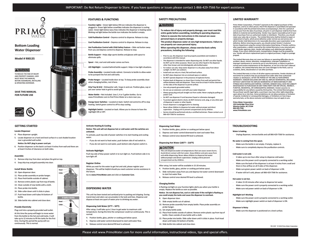 Primo Water Dispenser Bottom Load Manual - DISPENSER