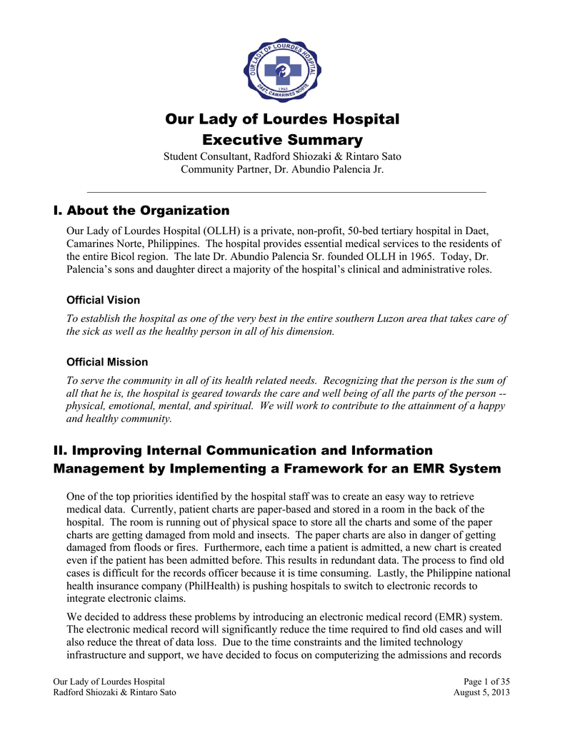 Our Lady Of Lourdes Hospital Executive Summary Manualzz Com