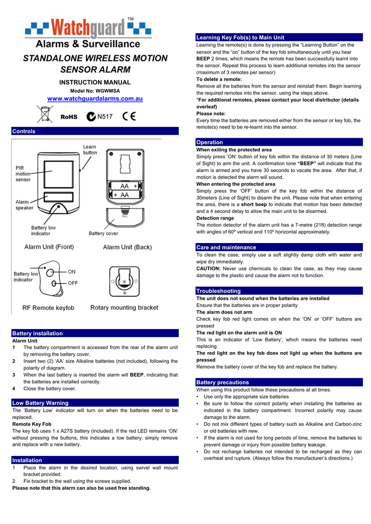 Standalone Wireless Motion Sensor Alarm Manualzz