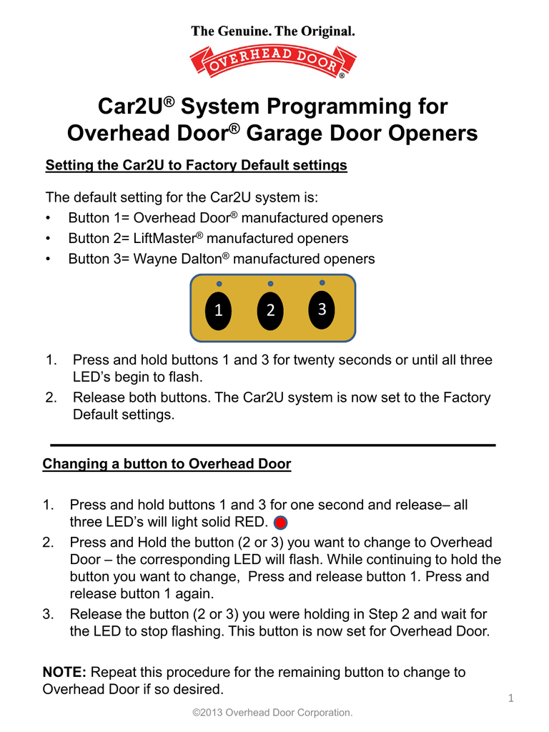 Car2u System Programming Overhead Door Corporation Manualzz Com