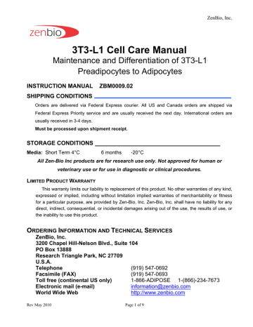 3t3 L1 Adipocyte Care Manual Zen Manualzz