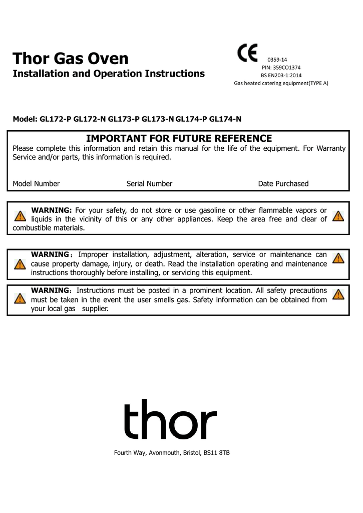 Thor Gas Oven Installation and Operation Instructions Manualzz