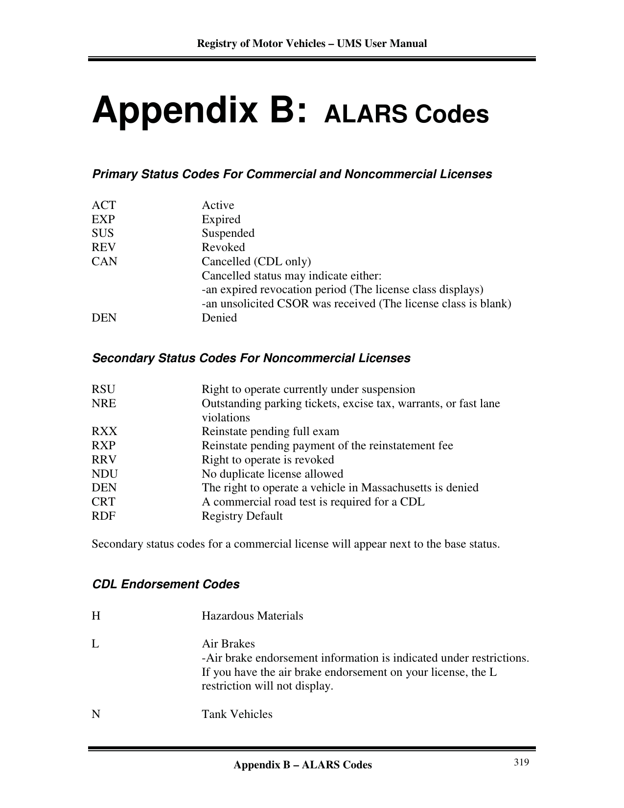 Appendix B ALARS Codes Massachusetts Association of