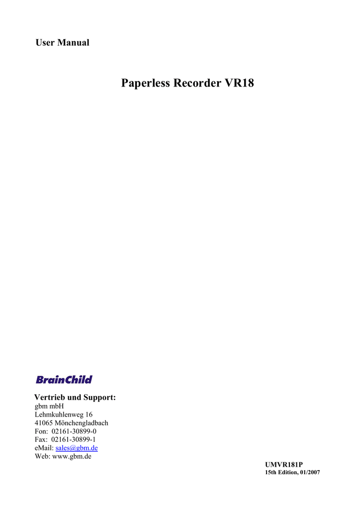 User Manual Paperless Recorder VR18 Manualzz
