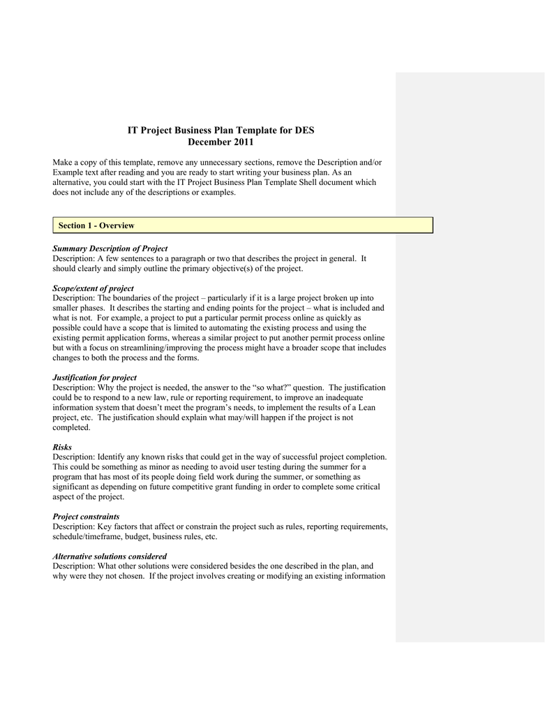 IT Project Business Plan Template for DES December  Manualzz