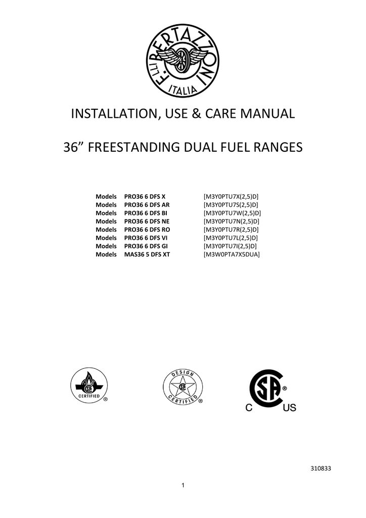 Bertazzoni PRO366DFSX 36 6Burner, Electric SelfClean Oven Owner's