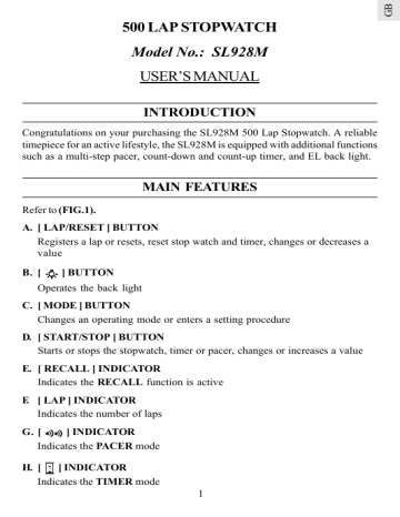 500 LAP STOPWATCH Model No.: SL928M USER`S MANUAL | Manualzz