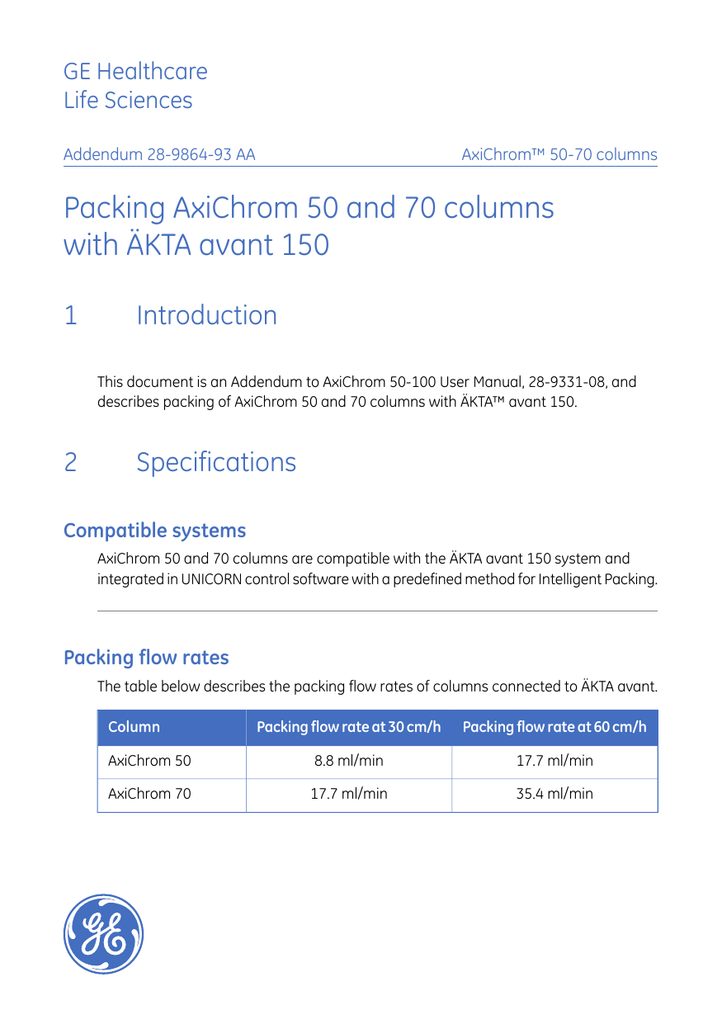 Packing AxiChrom 50 and 70 columns with ÄKTA avant 150 Manualzz