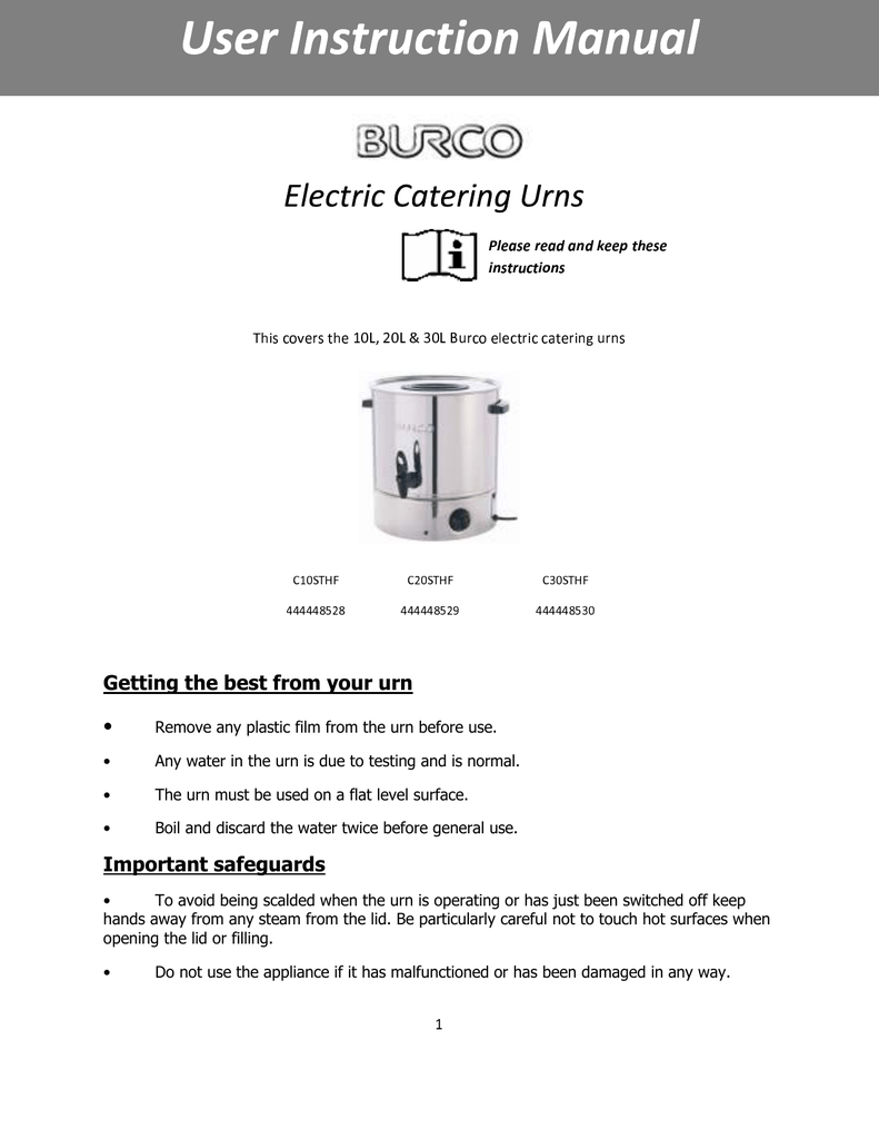 Burco C30STHF User Instruction Manual | Manualzz