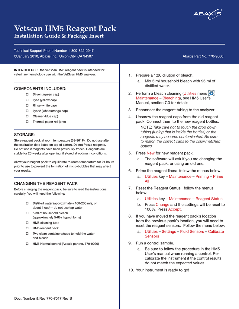 Vetscan HM5 Reagent Pack | Manualzz