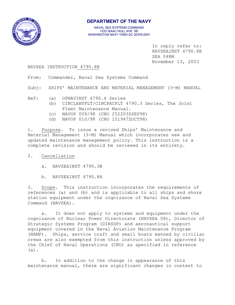 NAVSEA 4790.8B, Maintenance And Material | Manualzz