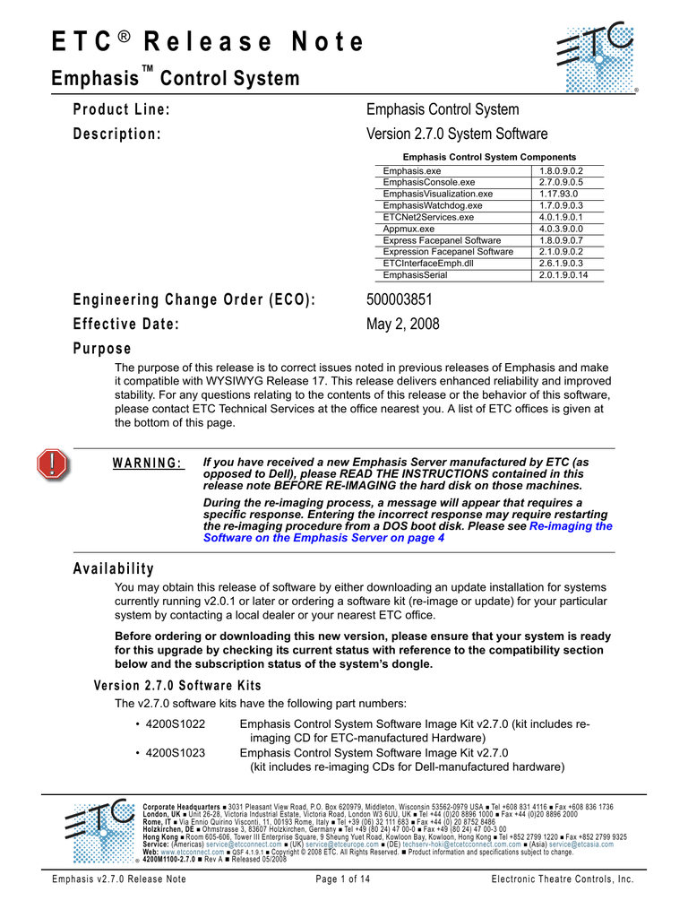 ETC ® Release Note - Manualzz