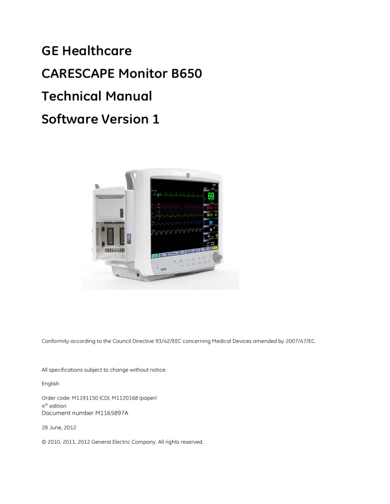 GE Healthcare CARESCAPE Monitor B650 Technical Manual Manualzz