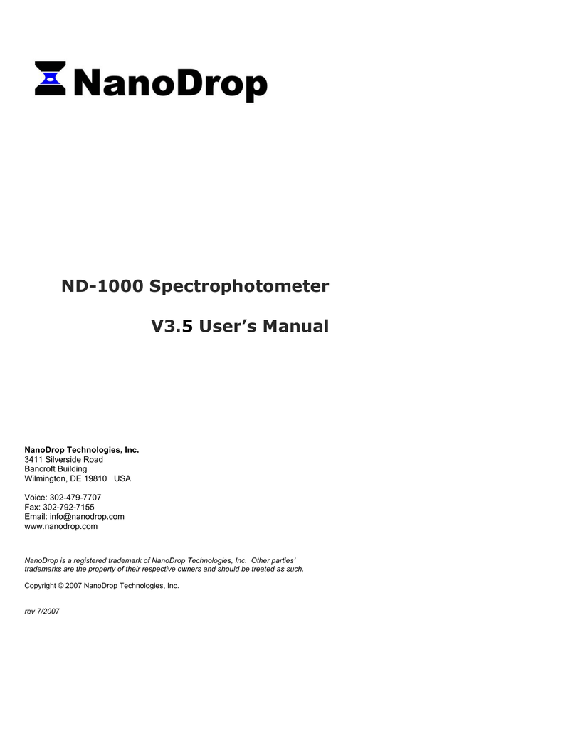 NanoDrop ND1000 Spectrophotometer manual Manualzz
