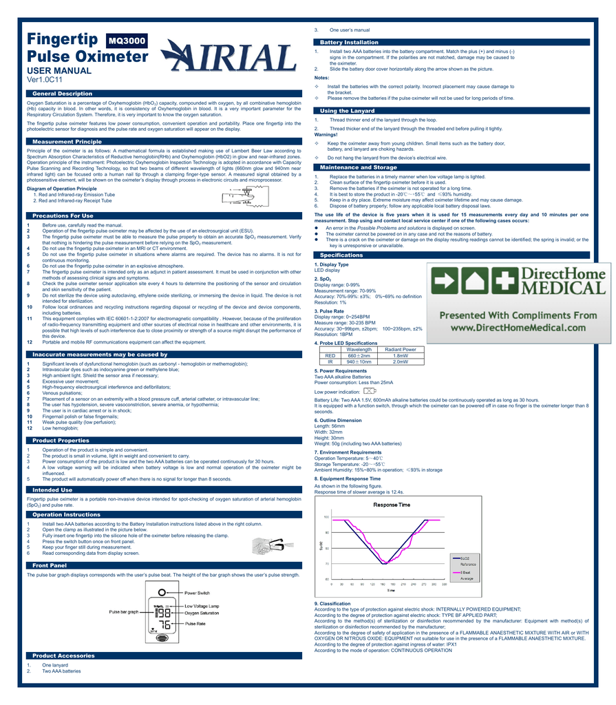 MQ3000 Fingertip Pulse Oximeter User Guide Manualzz