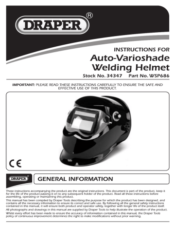 Draper Solar Powered Auto-Varioshade Welding and Grinding Helmet Instructions | Manualzz