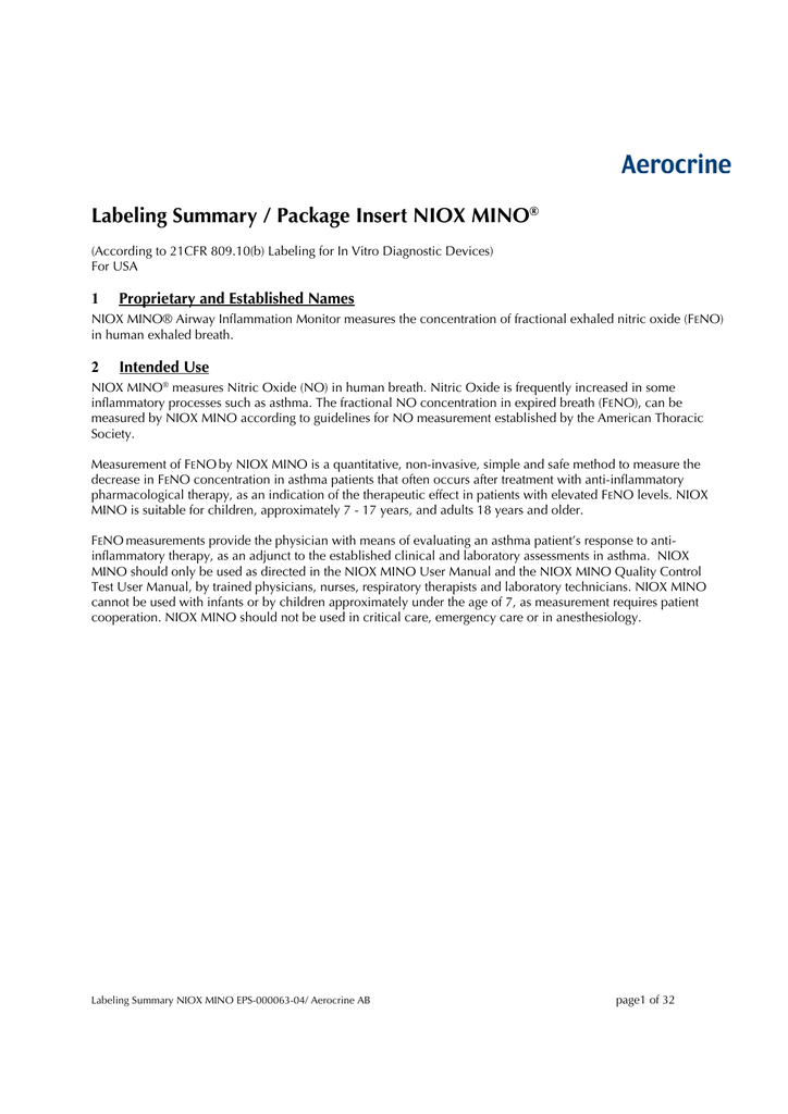 Labeling Summary / Package Insert NIOX MINO® Manualzz