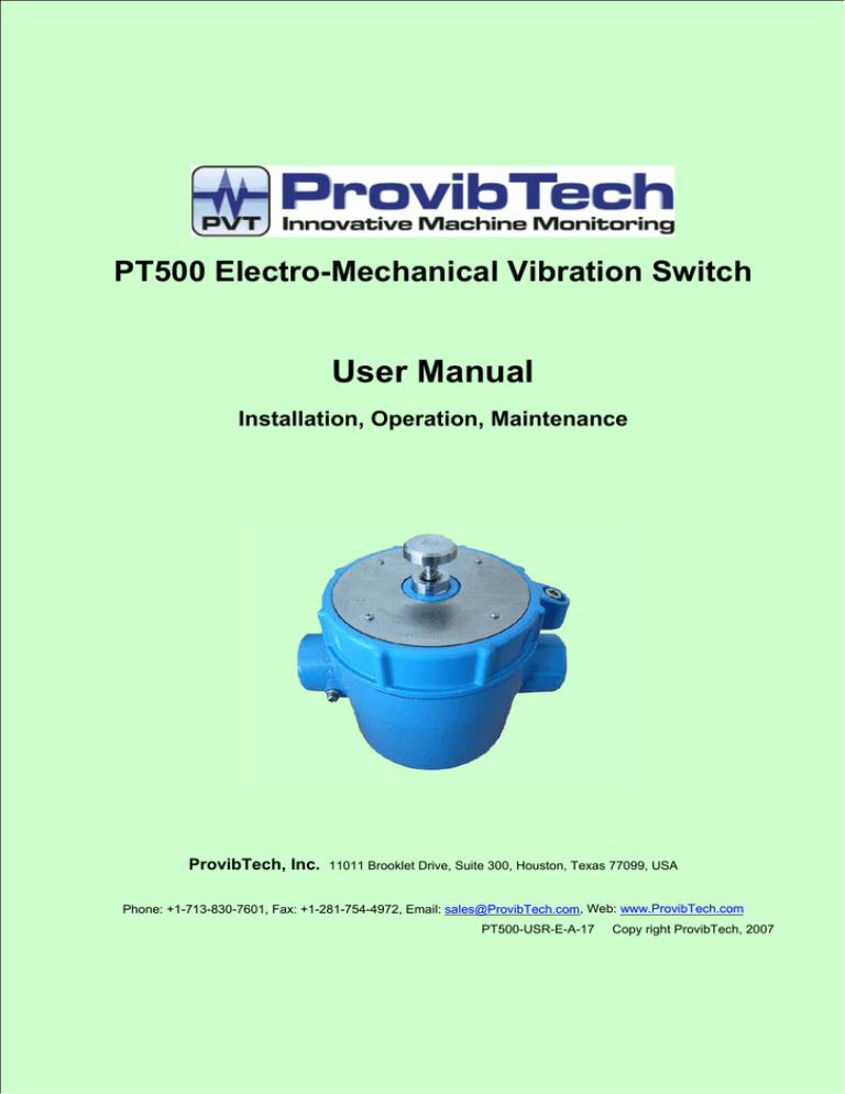 PT500 Electro-Mechanical Vibration Switch User Manual | Manualzz
