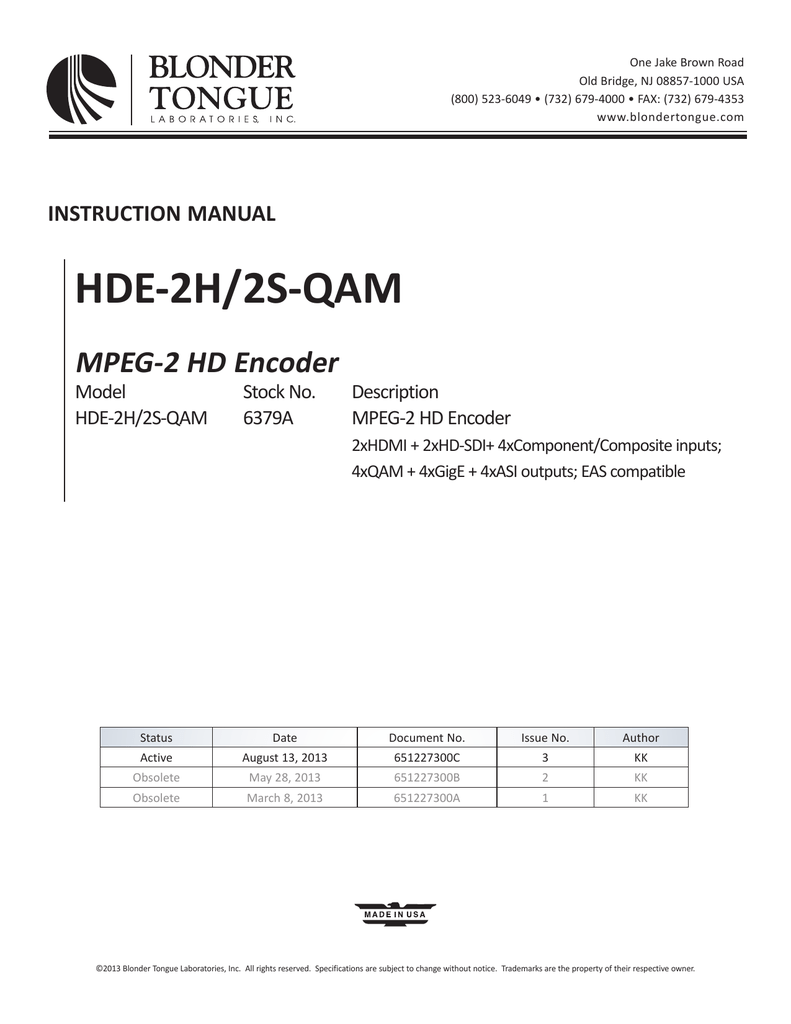 Blonder Tongue Hde 2h2s Qam 4 Program Hd Encoder User Manual Manualzz 3062