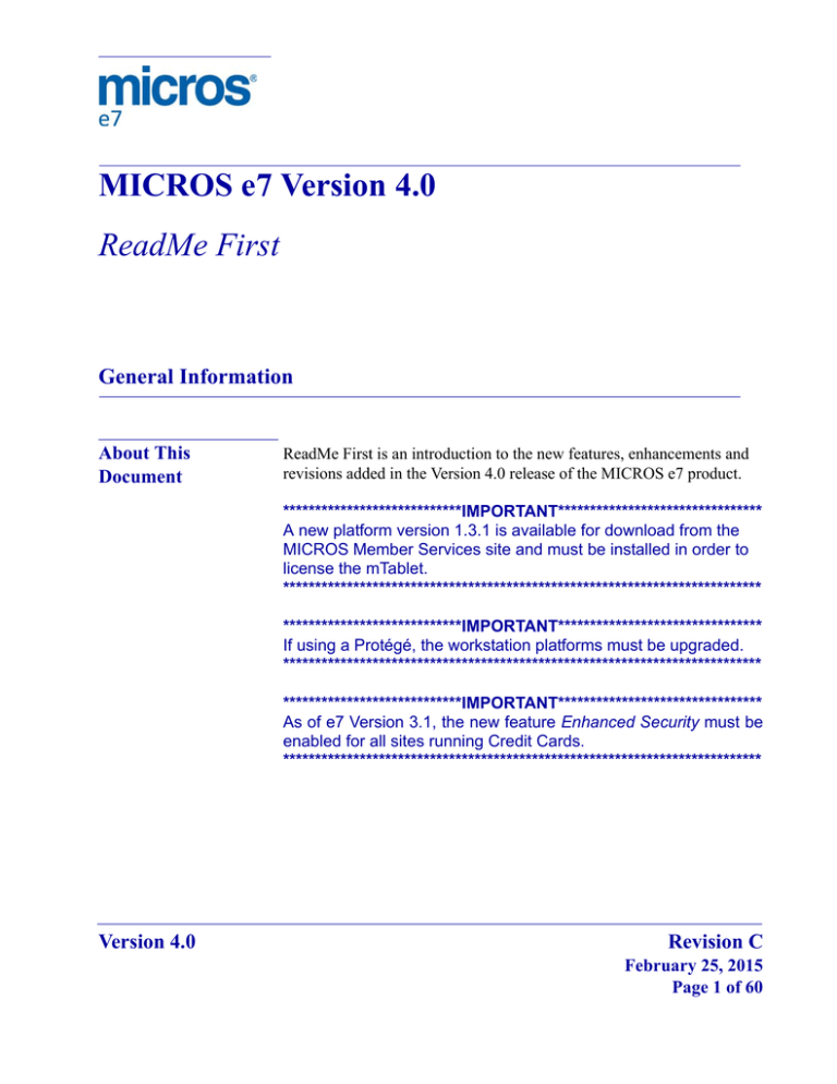 MICROS e7 Version 4.0 ReadMe First | Manualzz