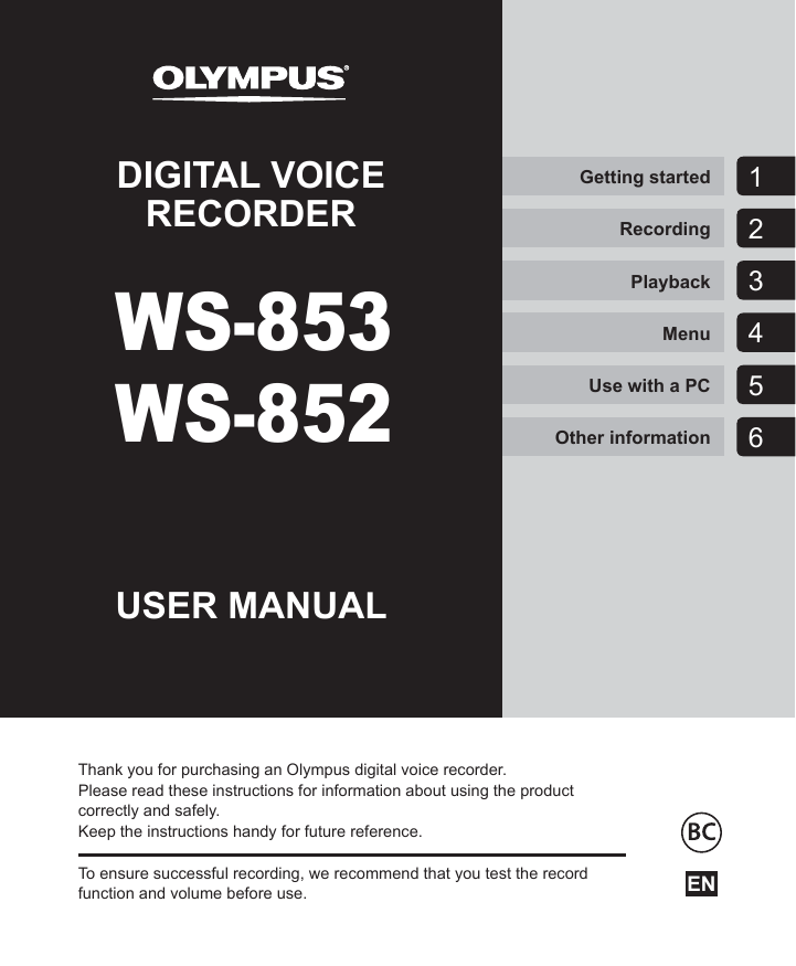 Sharper Image Olympus® WS‑853 Digital Voice Recorder Owner's Manual
