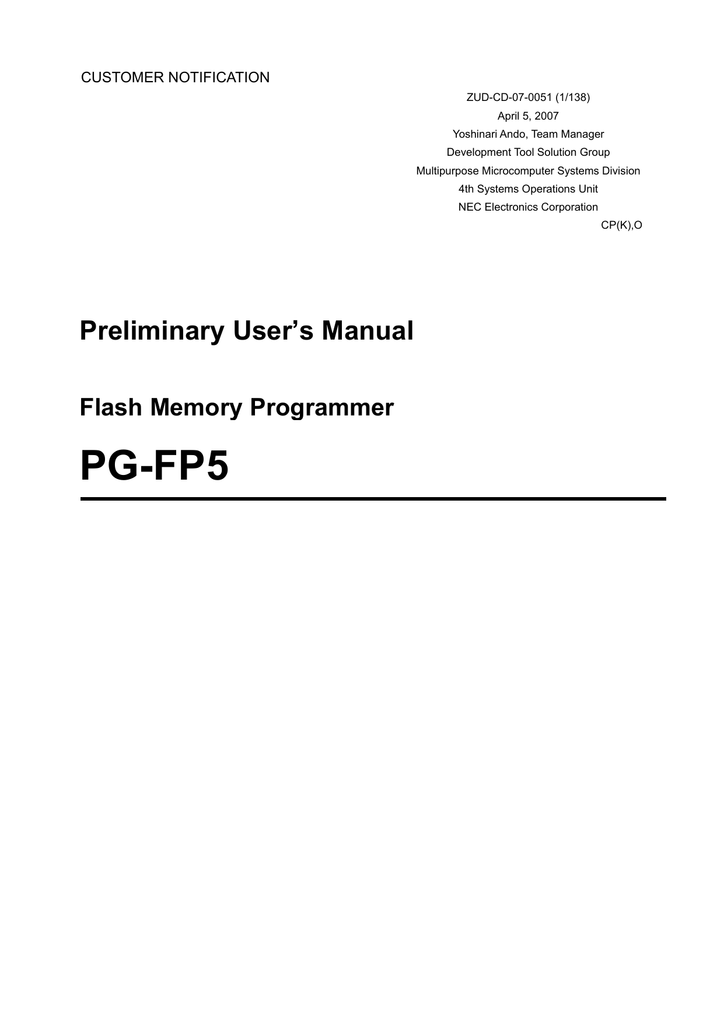 Flash Memory Programmer PGFP5 Preliminary User`s Manual Manualzz
