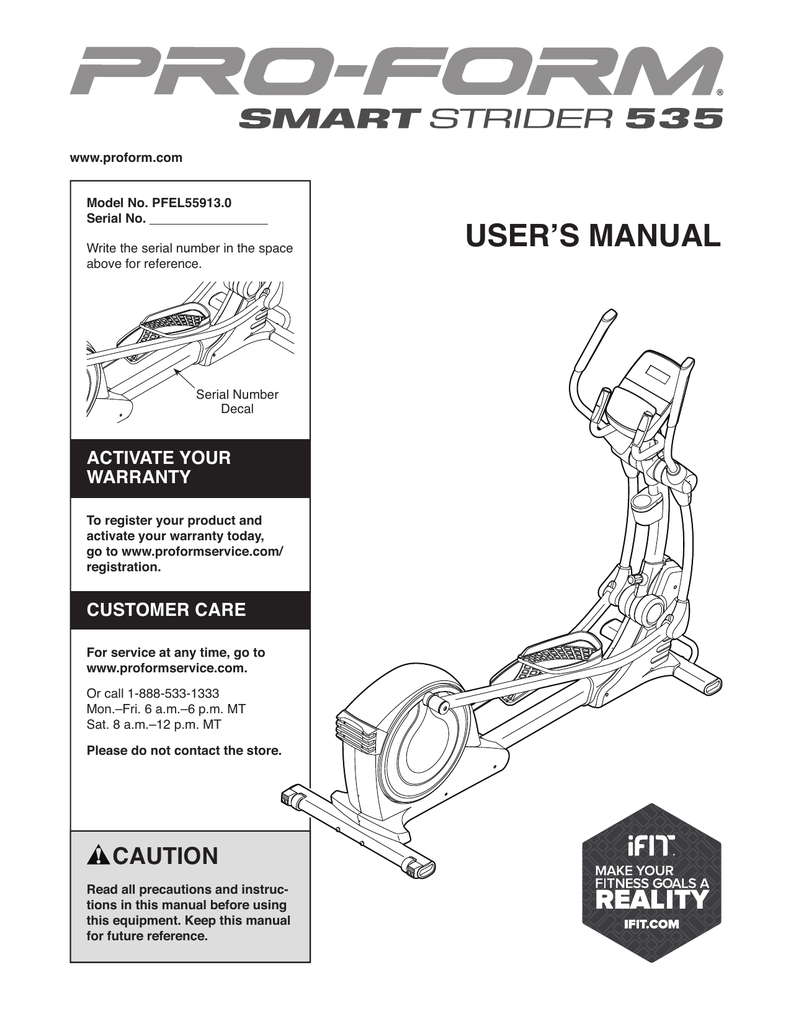 Proform smart strider 2025 elliptical 535 manual