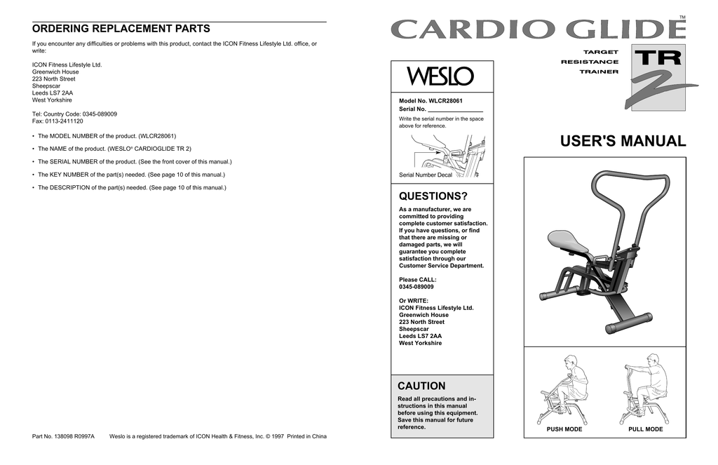 Weslo CARDIO GLIDE WLCR28061 User manual Manualzz