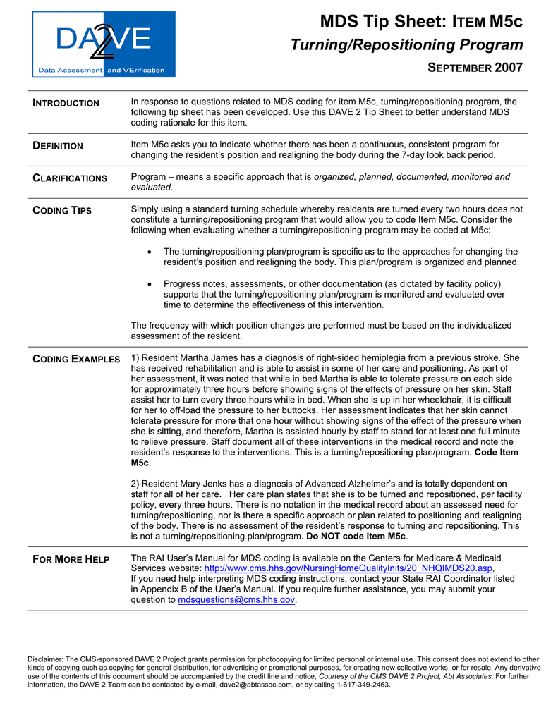 MDS Tip Sheet: ITEM M5c Turning/Repositioning Program | Manualzz