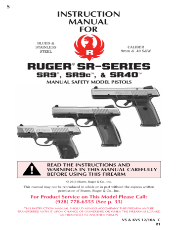 Details about   Ruger SR Series SR9,SR9c,SR40,SR40c,SR45 & 9e Model Pistols Owners Manual 