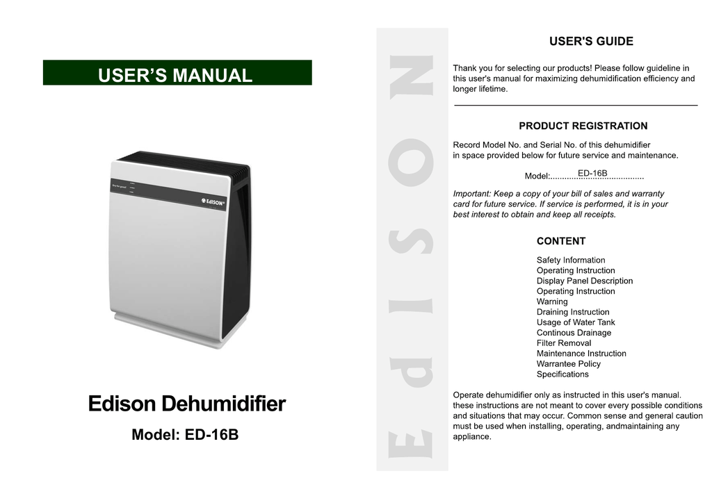 edison 25 dehumidifier manual