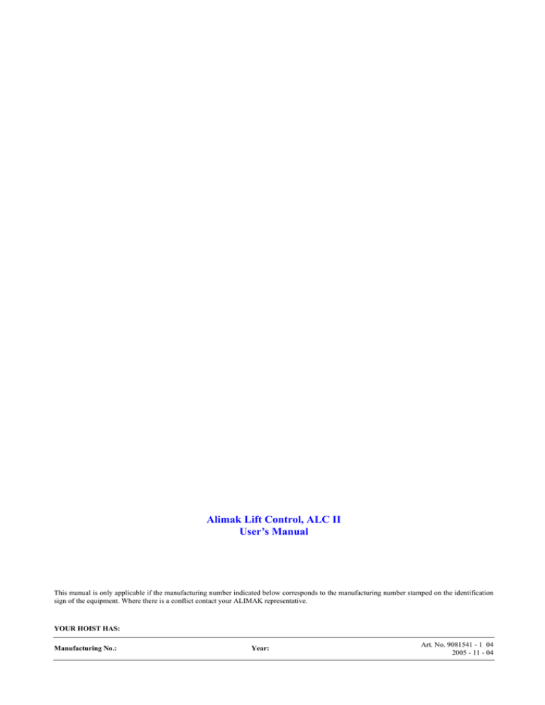Alimak Lift Control, ALC II User`s Manual | Manualzz