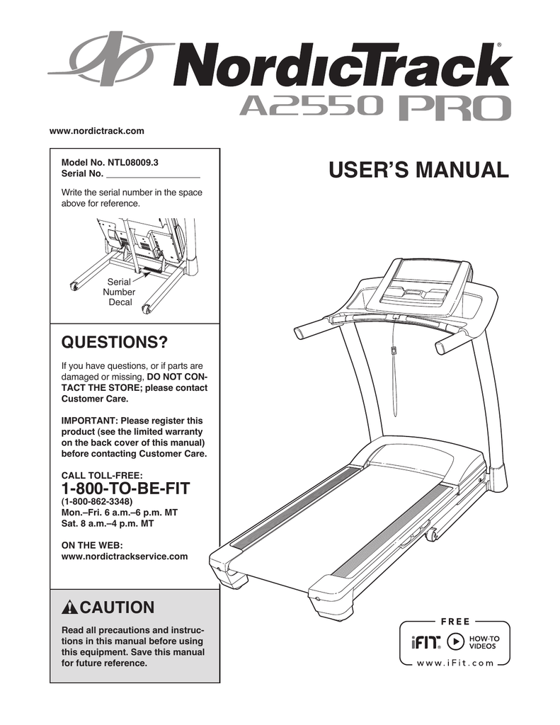 NordicTrack A2550 Pro Treadmill User manual Manualzz