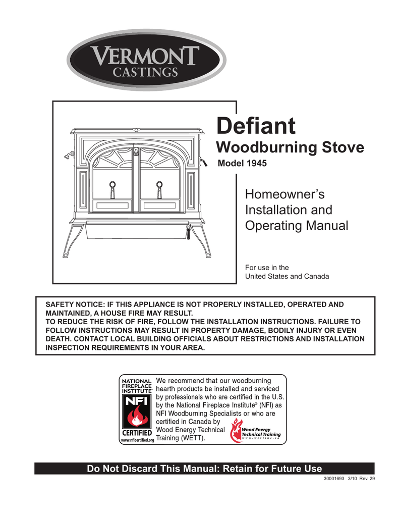 Defiant woodburning Stove Model 1945 | Manualzz