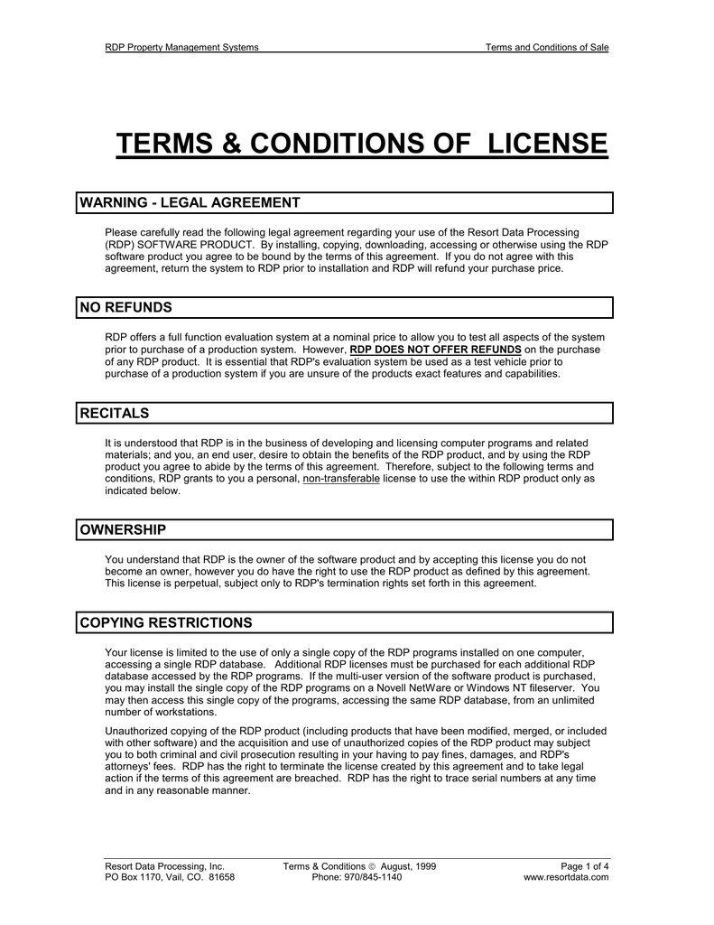 TERMS & CONDITIONS OF LICENSE RDP Support Manualzz
