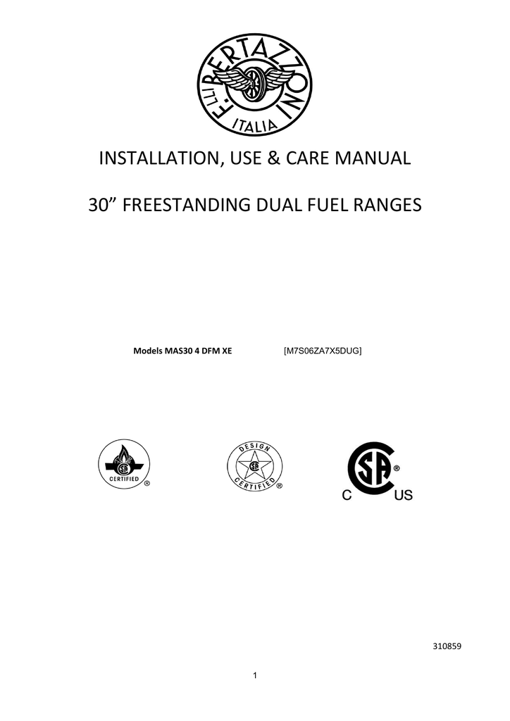 Bertazzoni M7S06ZA7X5DUG MAS304DFMXE User manual installation, use & care manual 30
