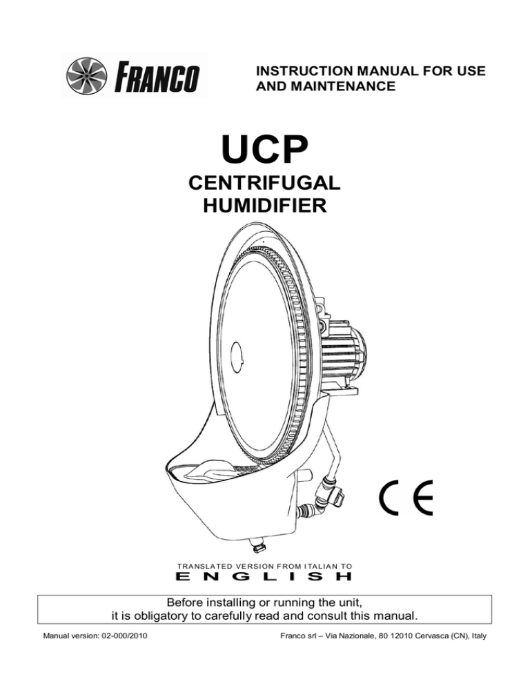 Manual Ucp Centrifugal Humidifier 1 12 Warranty