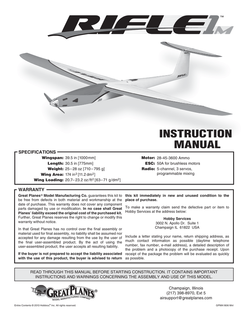 GREAT PLANES Rifle 1M Instruction Manual | Manualzz